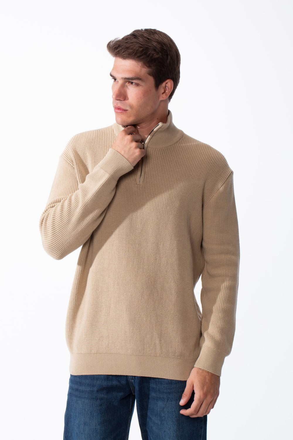 Men's High Neck Half Zip Long Sleeves With Textured Ribbed Knit Fabric Practical Slim Fit Pullover