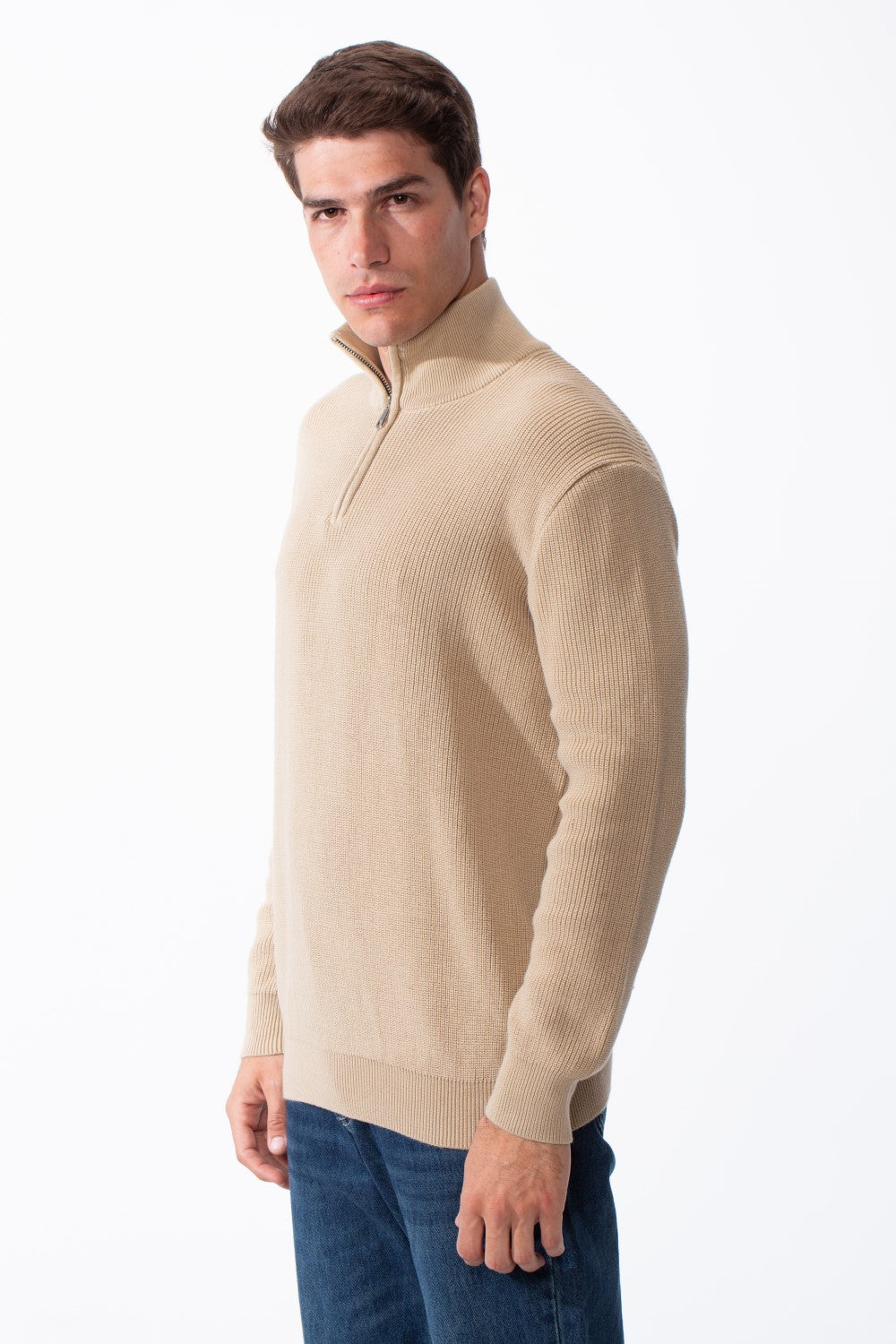 Men's High Neck Half Zip Long Sleeves With Textured Ribbed Knit Fabric Practical Slim Fit Pullover
