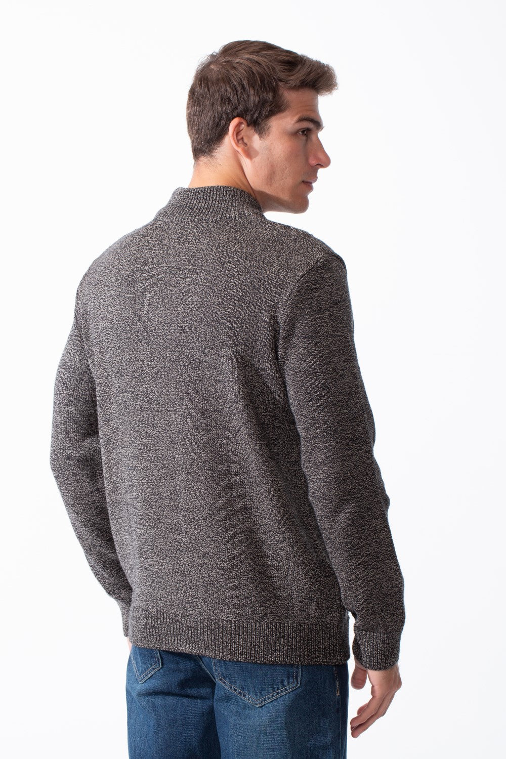 كنزة رجالية ضيقة Slim Fit بأكمام طويلة، ياقة عالية، قماش محبوك عملي، تصميم شريط أمامي، أساسية ومثالية للطبقات