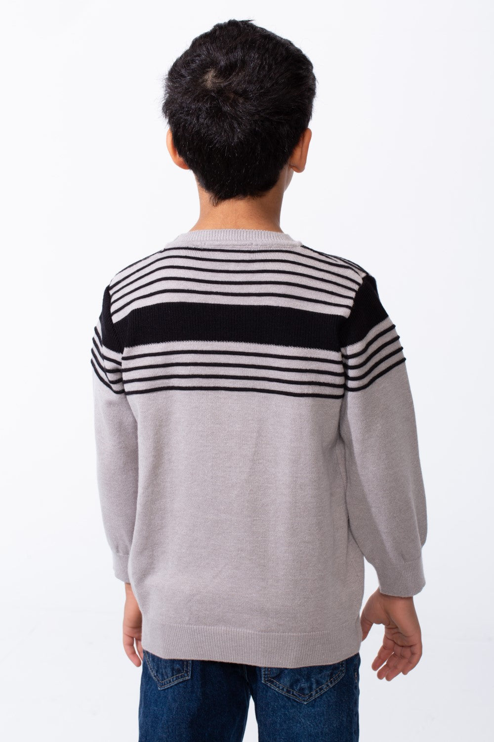 Boy's Crew Neck Knit Horizontal Stripes Fine-Rib Collar Cuffs Pullover
