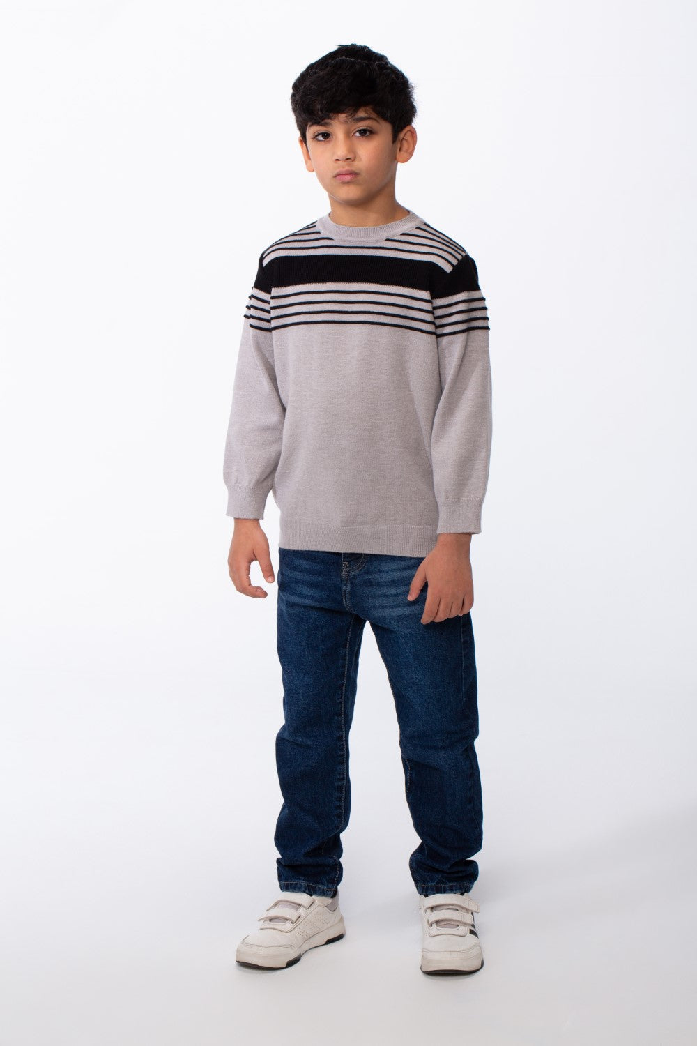 Boy's Crew Neck Knit Horizontal Stripes Fine-Rib Collar Cuffs Pullover