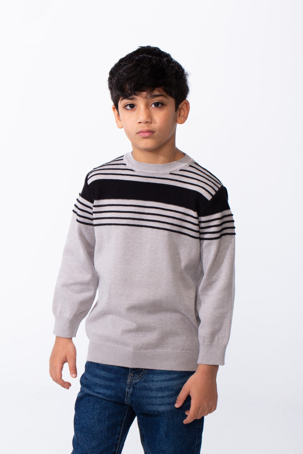 Boy's Crew Neck Knit Horizontal Stripes Fine-Rib Collar Cuffs Pullover