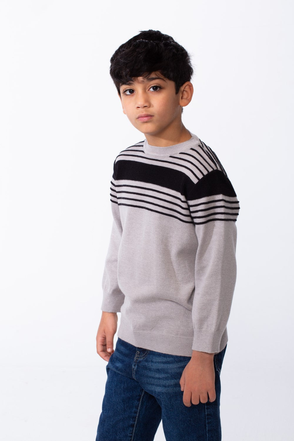 Boy's Crew Neck Knit Horizontal Stripes Fine-Rib Collar Cuffs Pullover