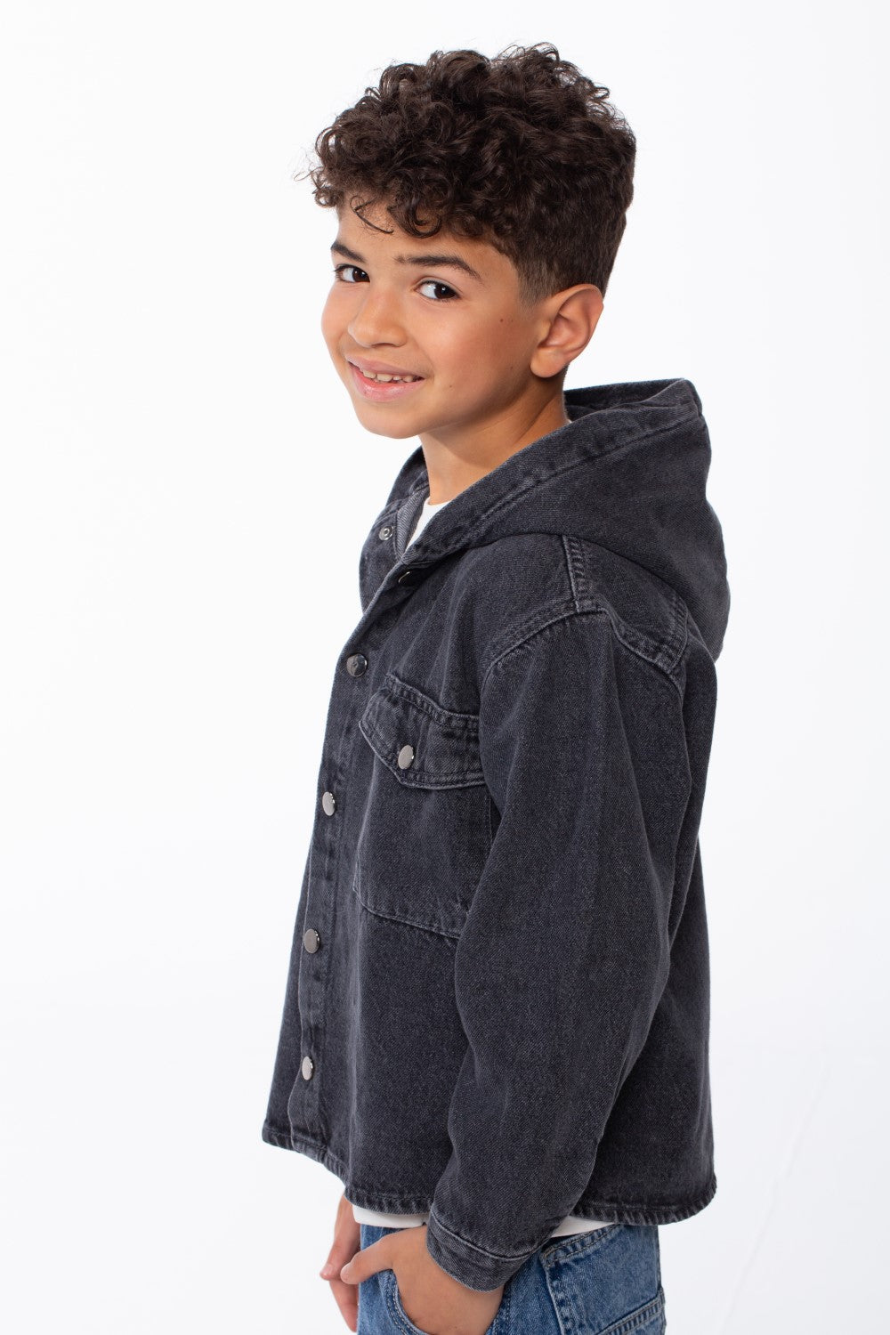 Boy's Long Sleeve Snap-Buttons With Side Flab Pocket Designed Hooded Denim Box Fit Jacket