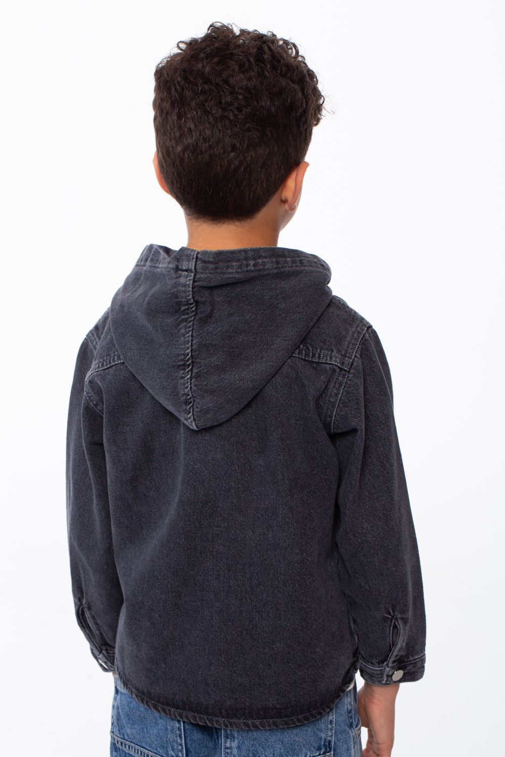 Boy's Long Sleeve Snap-Buttons With Side Flab Pocket Designed Hooded Denim Box Fit Jacket