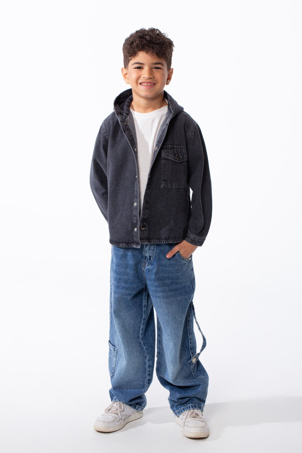 Boy's Long Sleeve Snap-Buttons With Side Flab Pocket Designed Hooded Denim Box Fit Jacket