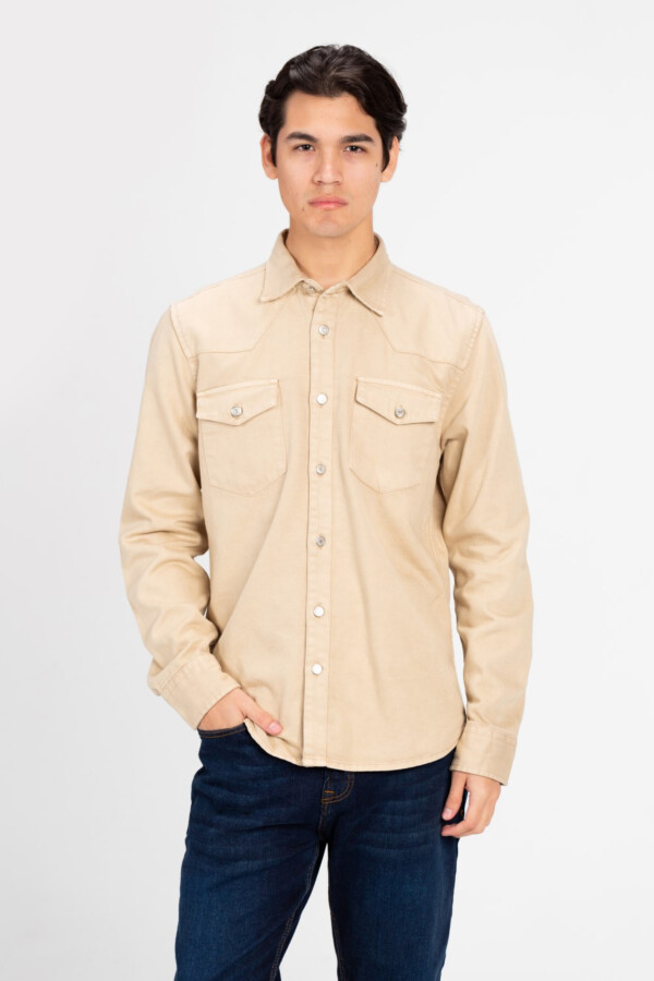 Men's Long Sleeved Gabardine Shirt With Front Pockets