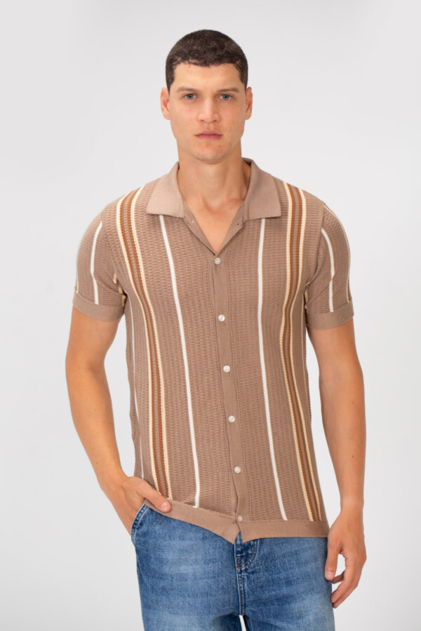 Men's Slim Fit Striped Full Button Short Sleeve Polo Shirt 