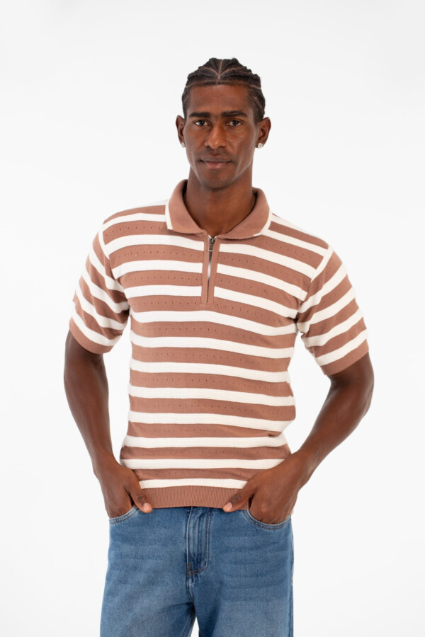Men's Striped Short Sleeve Slim Fit T-Shirt Half Front Zipper Breathable Fabric