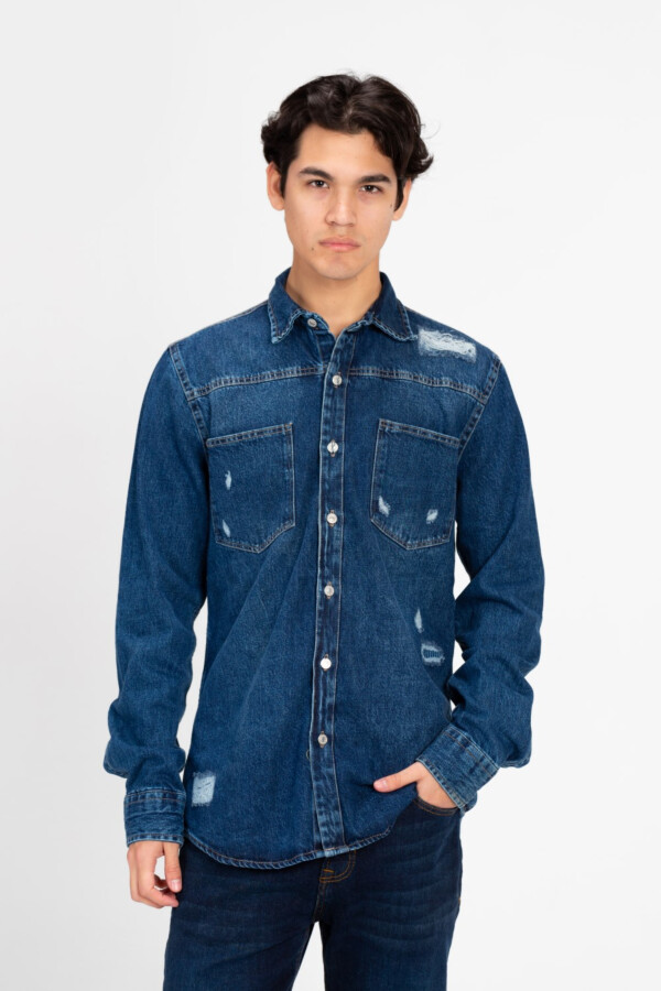 Men's Long Sleeve Cutting Denim Shirt