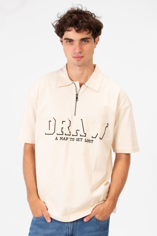 Men's Regular Fit Polo T-shirt With Text Print And Half Front Zipper