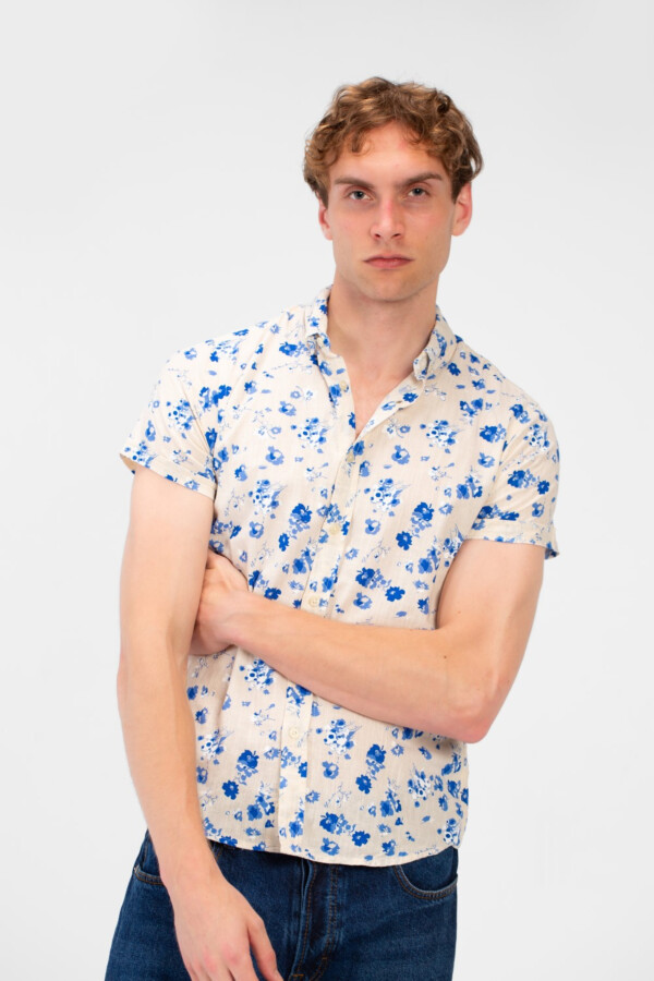 Men's Short Sleeve Floral Print Slim Fit Poplin Shirt