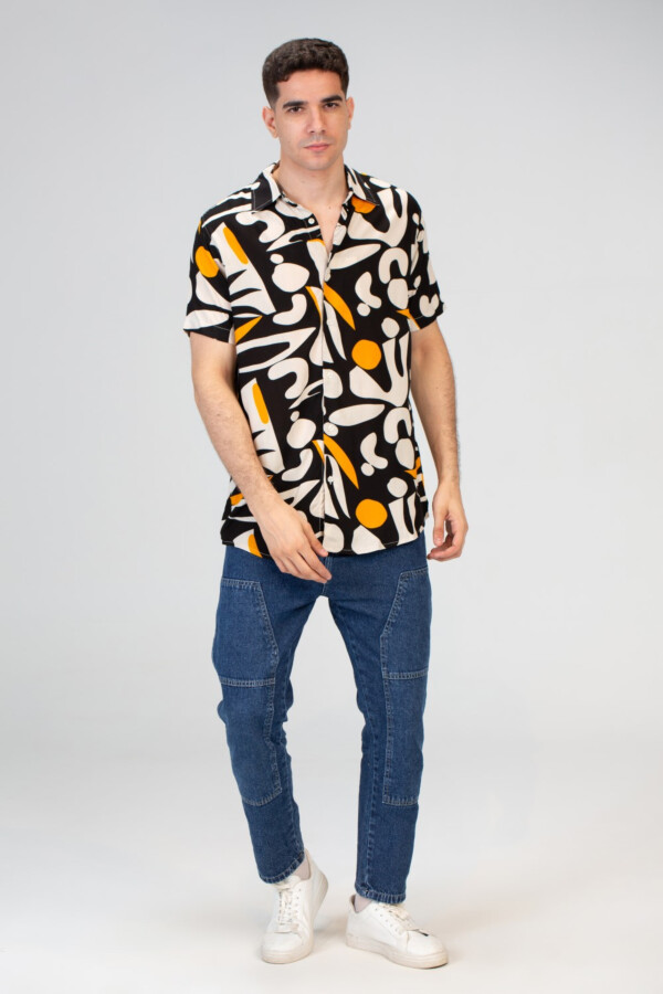 قميص نص كم رجالي جاكار مطبوع سليم فيت بخامة قطن فسكوز