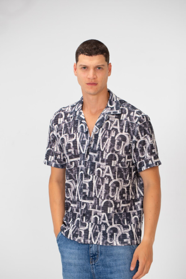 قميص نصف أكمام رجالي جاكار كتان سليم فيت بطباعة كاملة