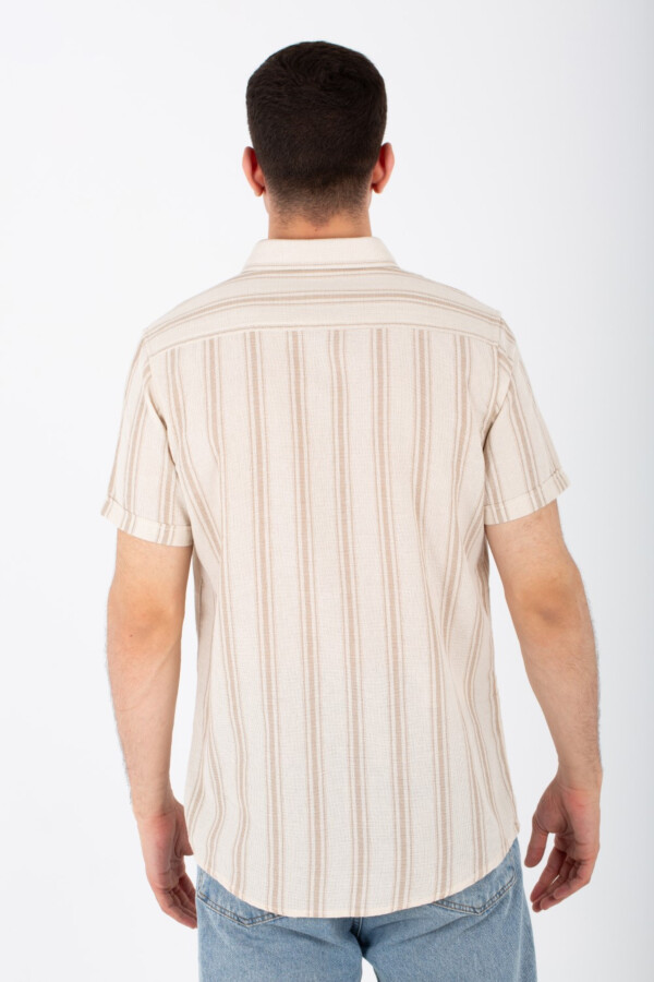 قميص نصف كم رجالي مقلم بقصة ضيقة وأزرار أمامية