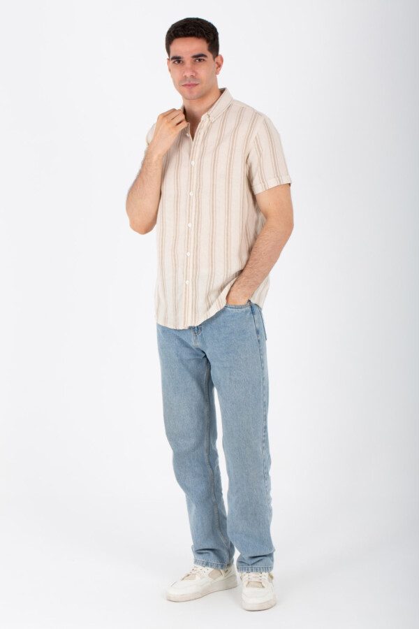 قميص نصف كم رجالي مقلم بقصة ضيقة وأزرار أمامية