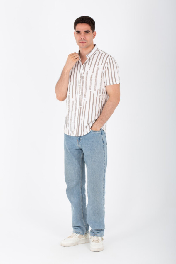 قميص رجالي بأكمام قصيرة مقلم سليم فيت بخامة بوبلين مطبوع