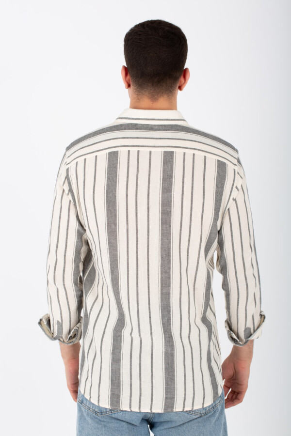 قميص رجالي أكمام طويلة مقلم سليم فيت مع أزرار أمامية