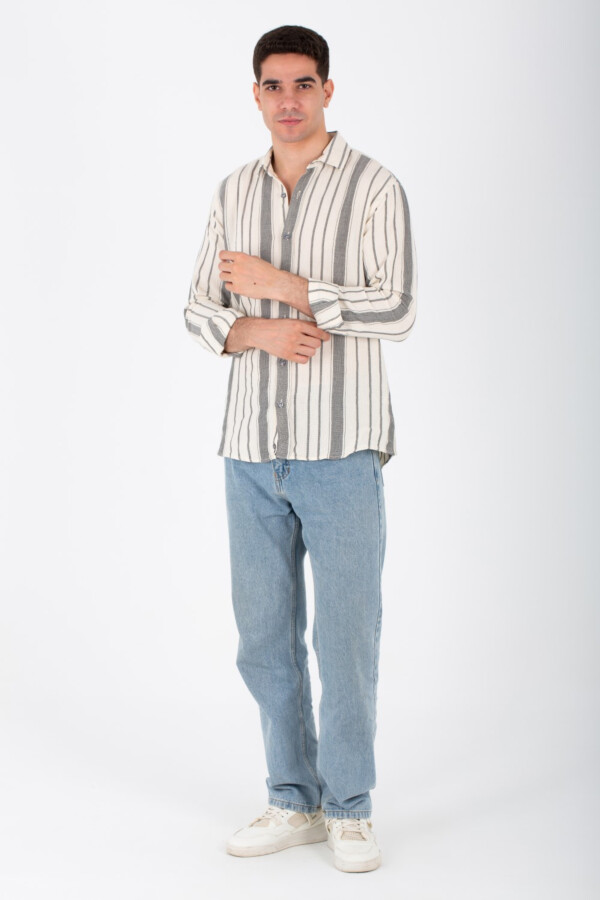 قميص رجالي أكمام طويلة مقلم سليم فيت مع أزرار أمامية