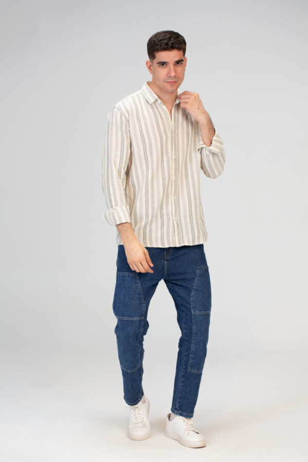 قميص رجالي مقلم سليم فيت بكم وأزرار أمامية