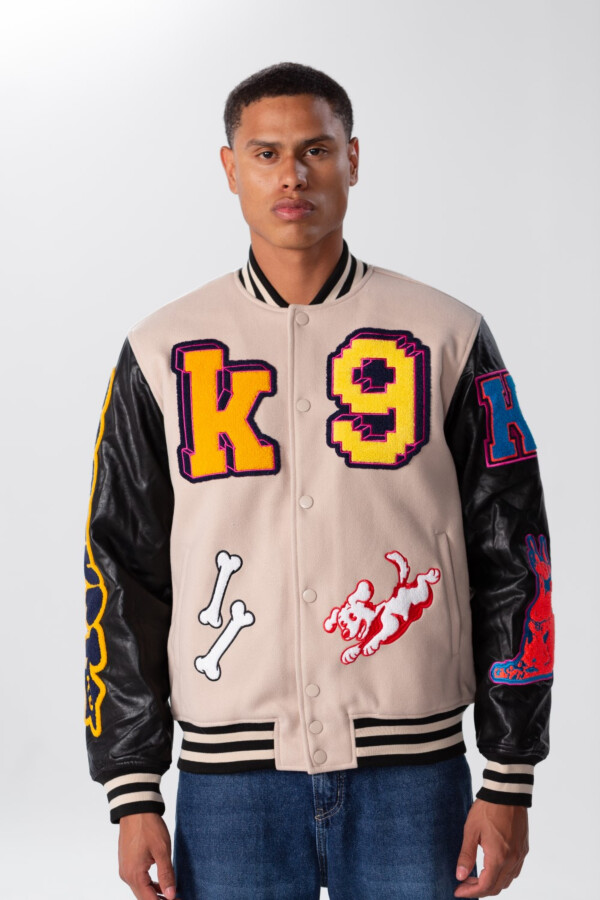 Men's Varsity Baseball Jacket In Leather and Melton Beige