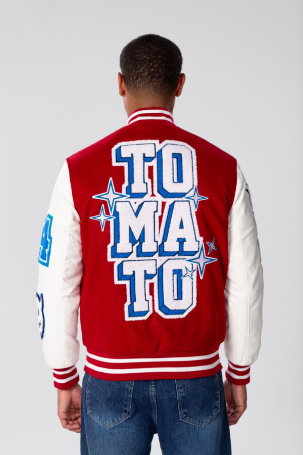Men's Tomato Baseball Varsity Jacket With Stripes In White