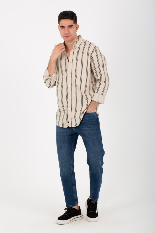 Mens Striped Slim Fit Poplin Shirt With Long Sleeves And Collar