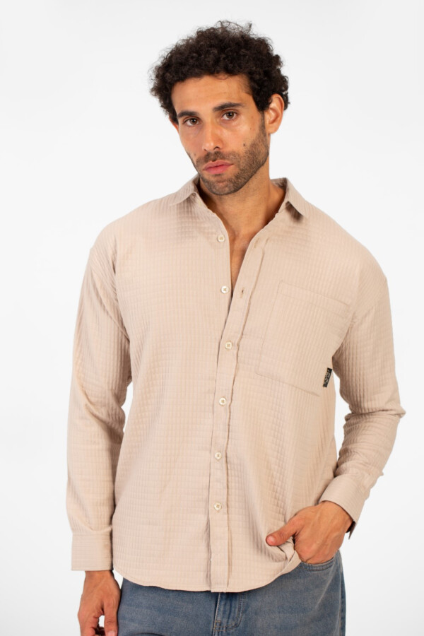 قميص رجالي بيزك أوفر سايز بجيب أمامي وأكمام طويلة