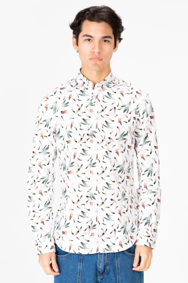 Men's Slim Fit Jakar Poplin Printed Long Sleeve Shirt White