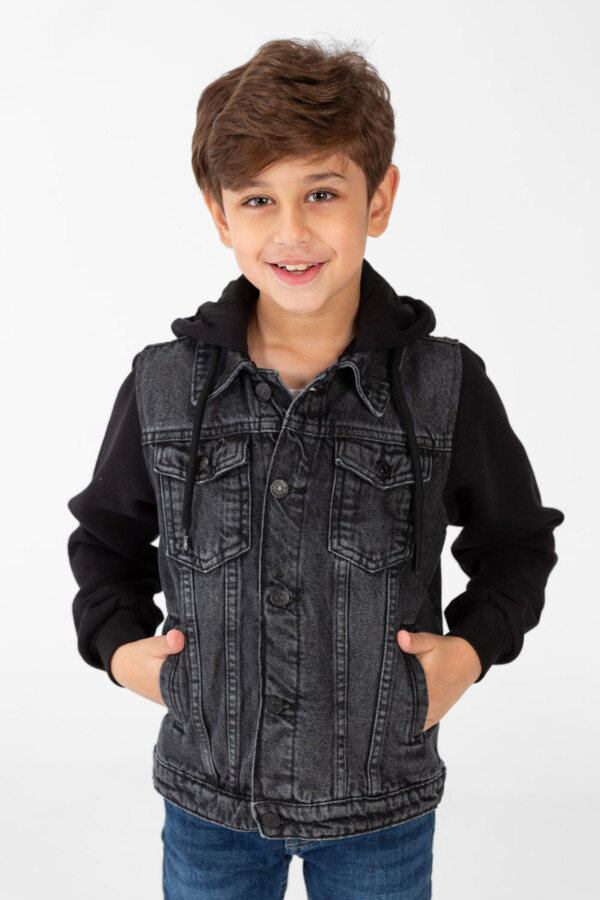 Boy's Denim Jacket With Melton Sleeves And Front Buttons