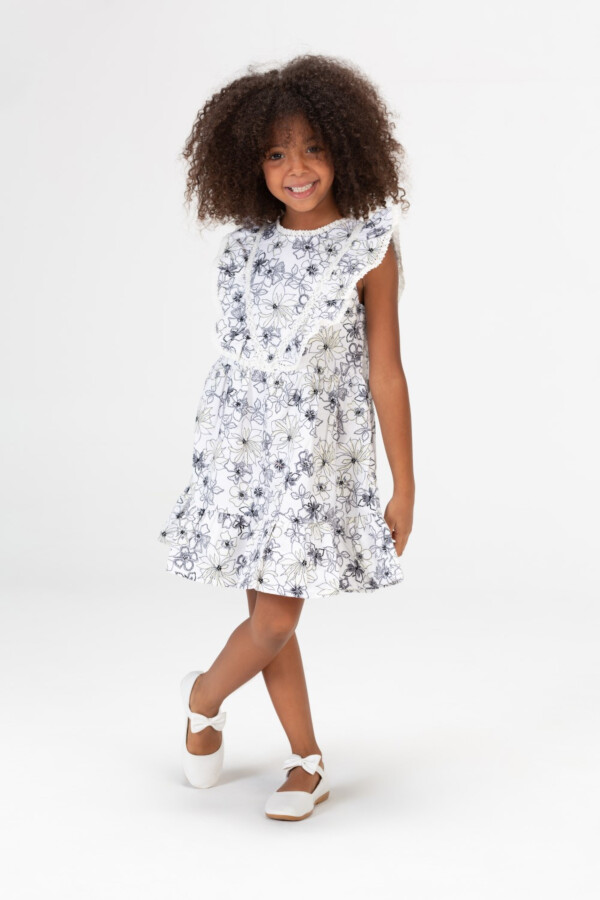 Girls Casual Floral Cut Dress With Ruffles In White