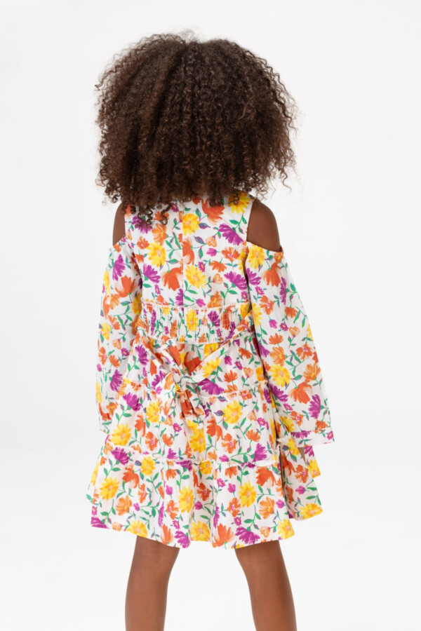 Girls Floral Round Long Sleeves Dress In White