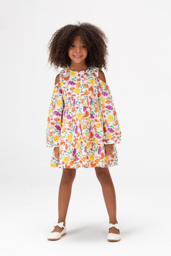Girls Floral Round Long Sleeves Dress In White