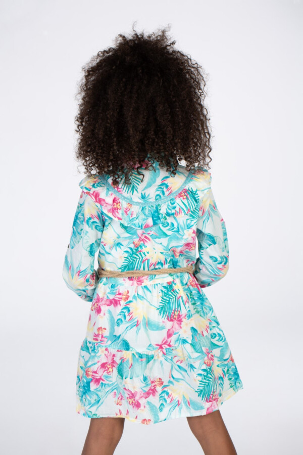 Girls Flowers Print Dress In Turquoise With Waist Belt And A Distinctive Cut Collar