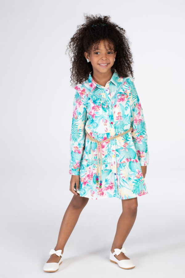 Girls Flowers Print Dress In Turquoise With Waist Belt And A Distinctive Cut Collar