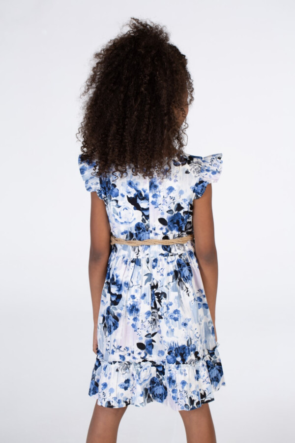 Girls Floral Cut Dress With A Round Neck And A Waist Belt In Blue