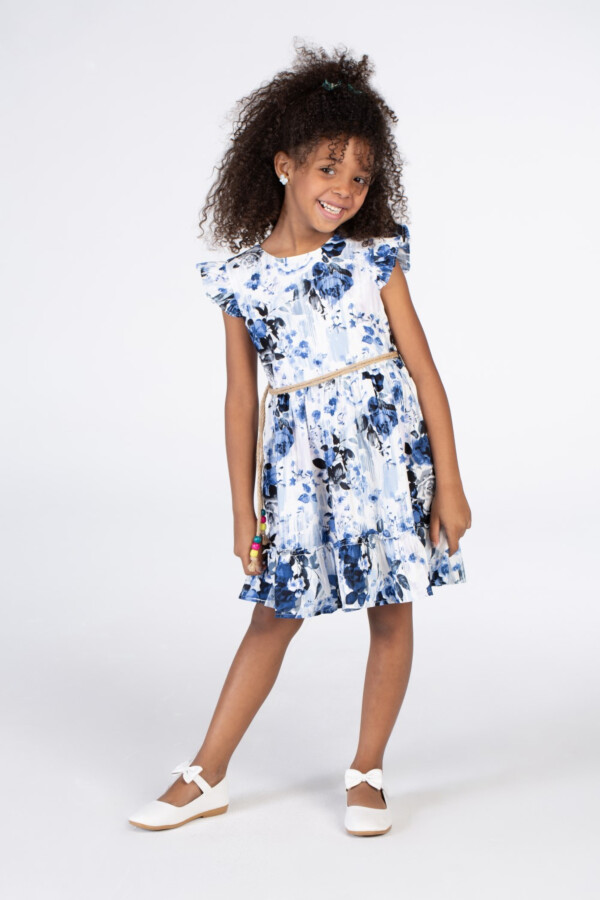 Girls Floral Cut Dress With A Round Neck And A Waist Belt In Blue