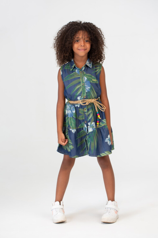 Girls Wooded Floral Dress With Drawstring At The Middle And Buttons On The Front Green