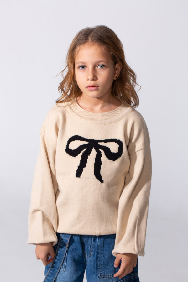 Girl's Long Sleeved Pullover With A Bow Print On The Front And A Round Neck