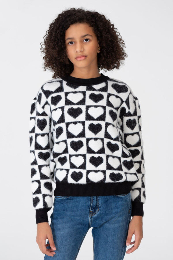 Girl's Sweater With A Round Neck And All Over Hearts Print