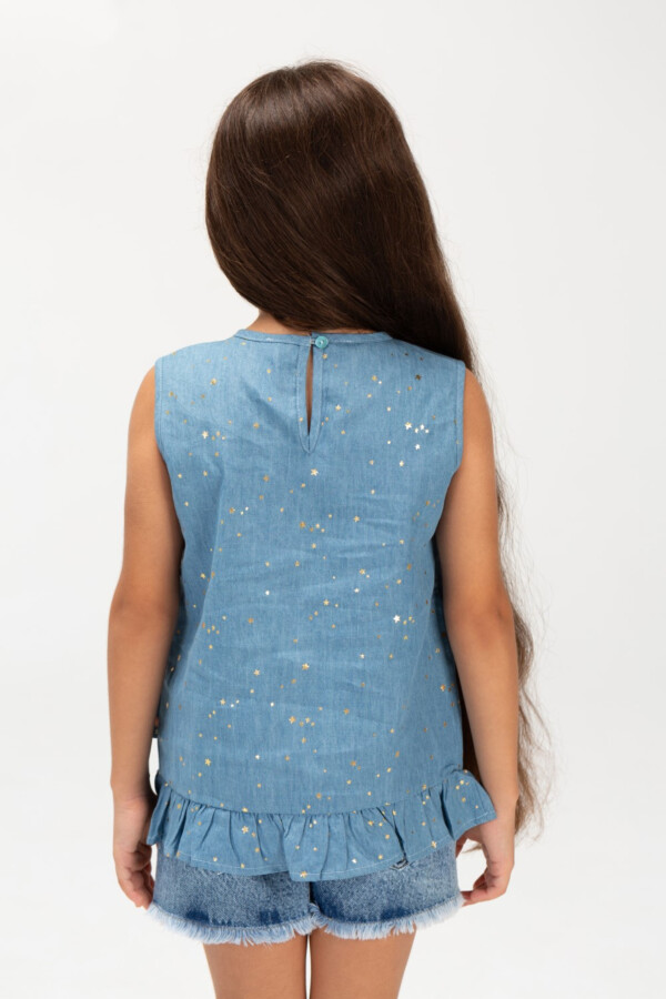 Girls Sleeveless Printed Fabric Blouse With Front Buttons In Blue