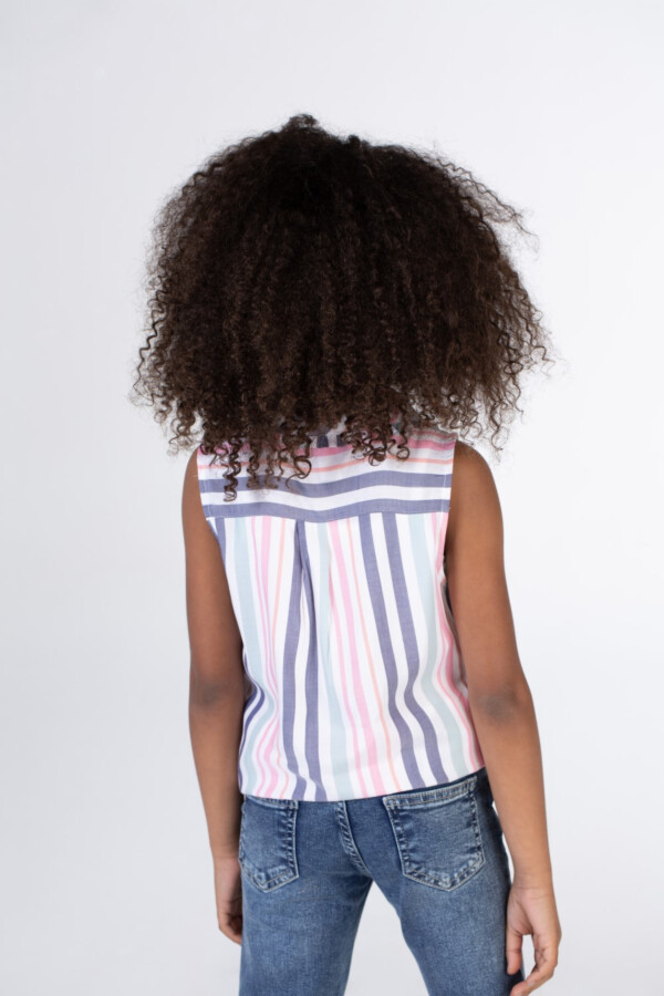 Girls Collar Striped Blouse With Front Buttons  And Floral Print