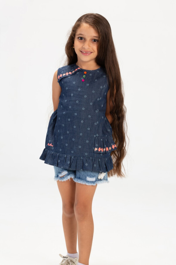 Girls Sleeveless Printed Fabric Blouse With Front Buttons In Royal Blue