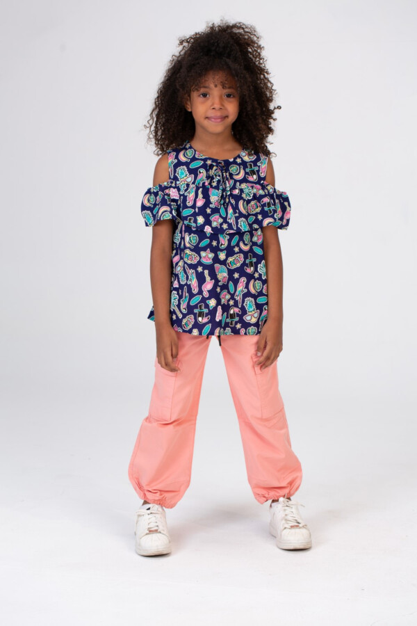 Girls Off Shoulders Blouse Printed In Navy Blue