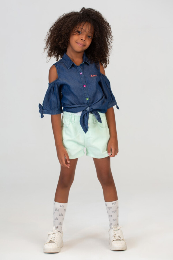 Girls Doted Knee Length Cotton Fabric Cut Blouse In D.blue