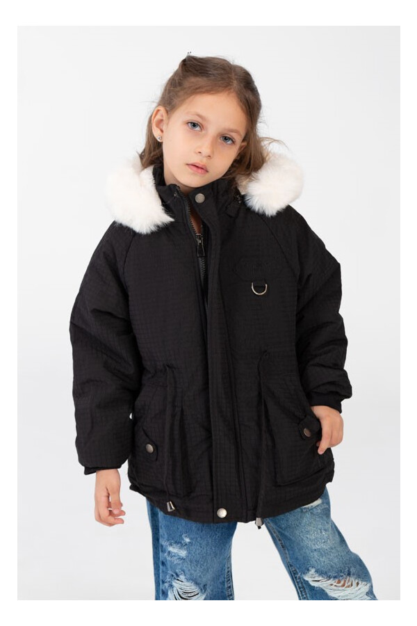 Girl's Gabardine Fur Hood Jacket With Full Zip
