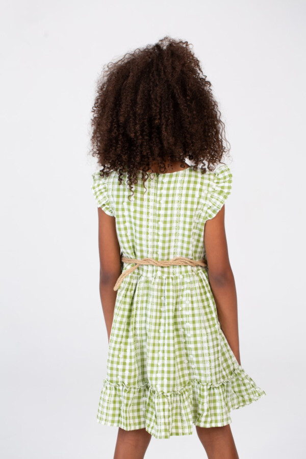 Girls Checkered Dress With Ruffles And A Burlap Belt In The Middle In Green