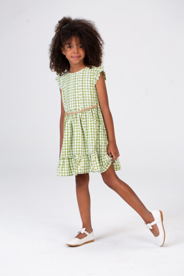 Girls Checkered Dress With Ruffles And A Burlap Belt In The Middle In Green