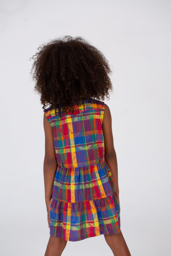 Girls Checkered Purple Cut Dress With A Collar And Colorful Front Buttons