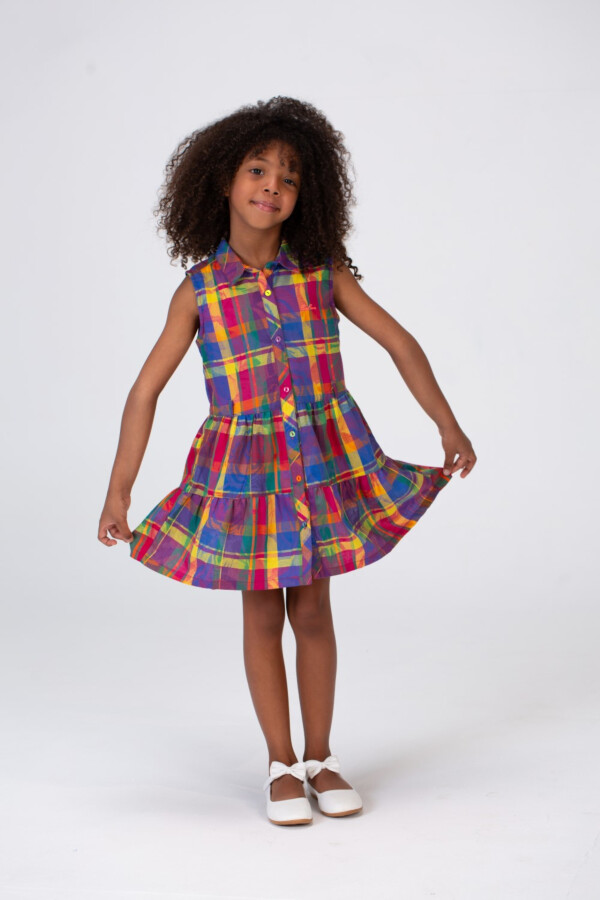Girls Checkered Purple Cut Dress With A Collar And Colorful Front Buttons